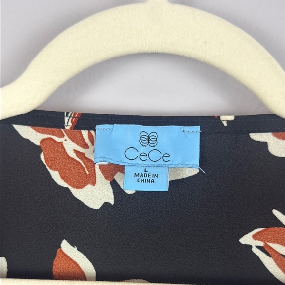 CeCe Floral Black and Orange 3/4 Flare Sleeve Tie Front Blouse - Picture 3 of 10